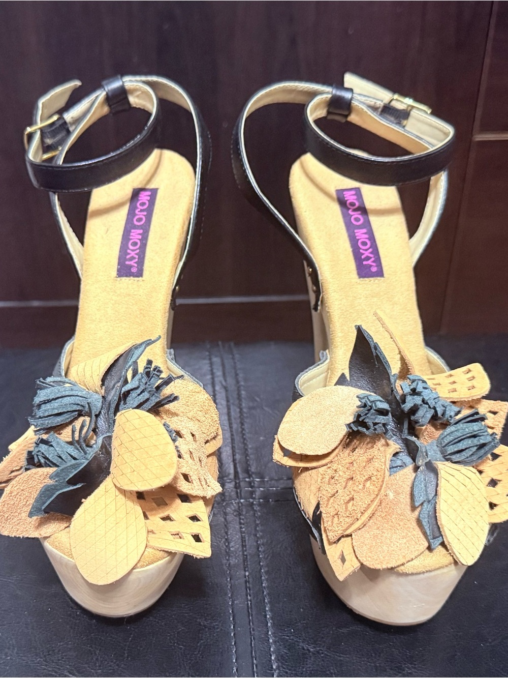 Mojo Moxy Black & Tan Platform Sandals with Ankle Strap